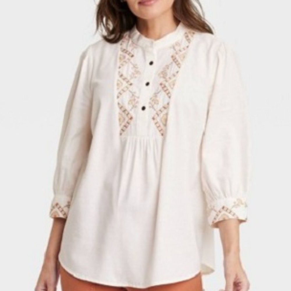 Knox Rose™ Women's Bishop 3/4 Sleeve Embroidered Blouse Ivory Cream